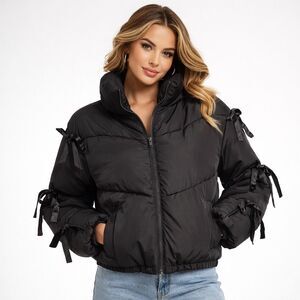 Madden Girl Cropped Black Puffer Jacket Tie Sleeve Bow Detail Large